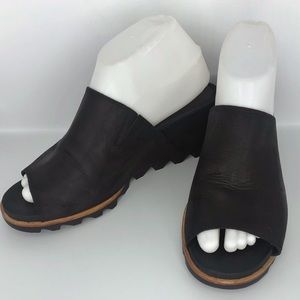 Sorel Joanie Black Leather Mule Wedge Sandals Size 9